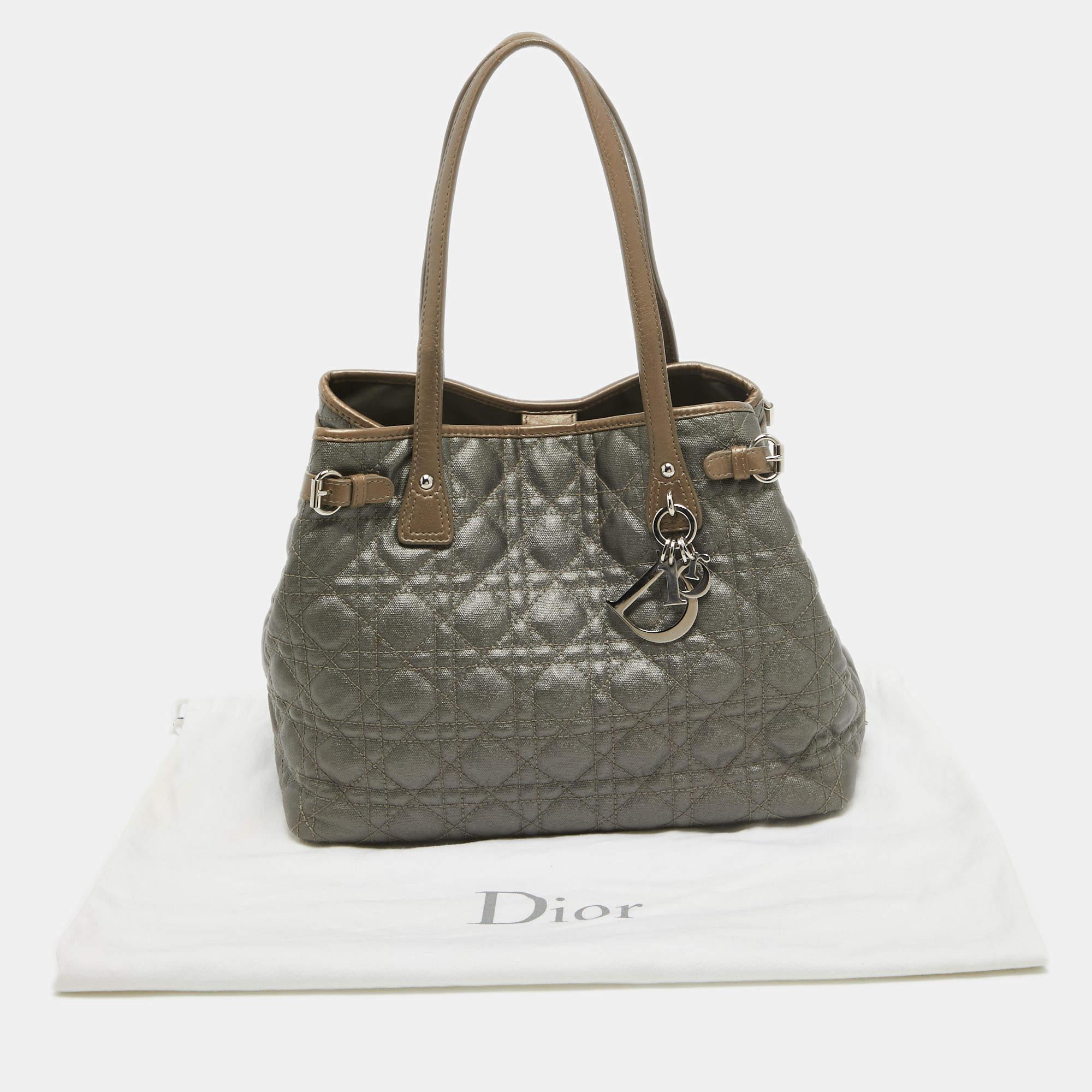 Dior Kleine Panarea-Tasche aus beschichtetem Canvas und Leder in Grau/Metallic Brown im Angebot 14