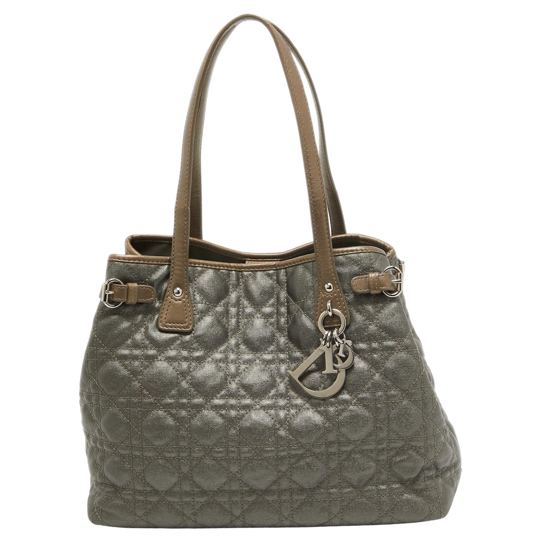 Dior Grey/Metallic Brown Coated Canvas and Leather Small Panarea Tote For Sale