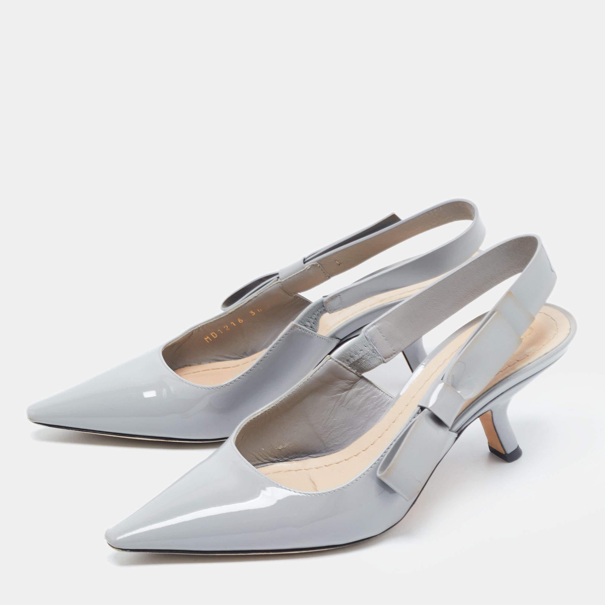 Women's Dior Grey Patent Leather Bow Slingback Pumps Size 36