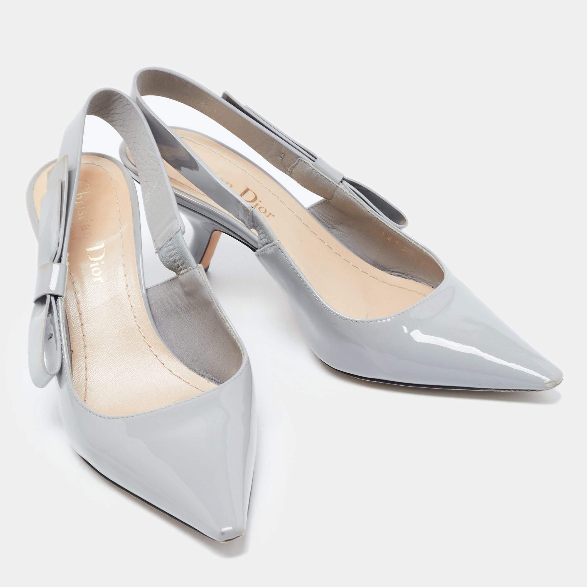 Dior Grey Patent Leather Bow Slingback Pumps Size 36 1