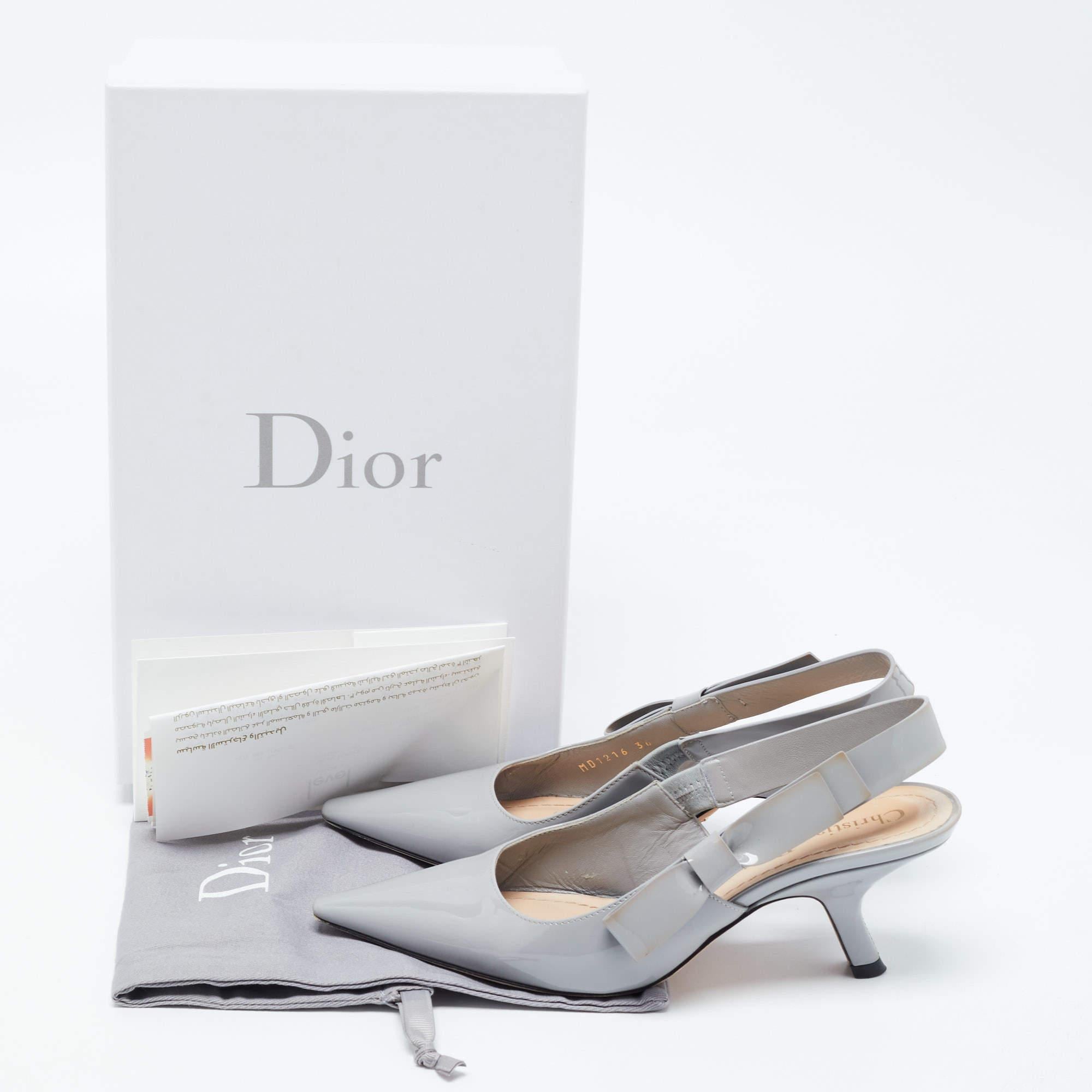 Dior Grey Patent Leather Bow Slingback Pumps Size 36 2