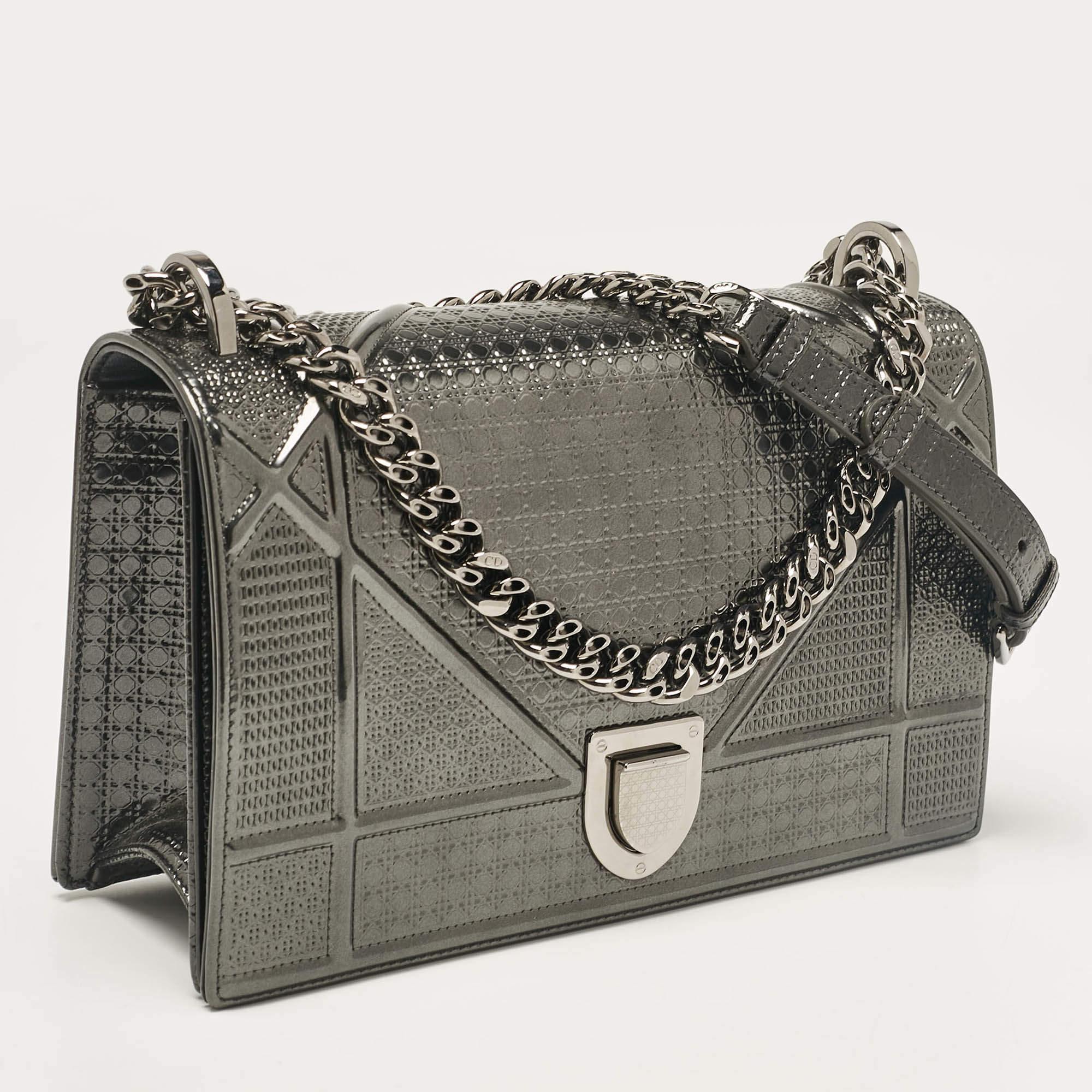 Gray Dior Grey Patent Leather Medium Diorama Shoulder Bag