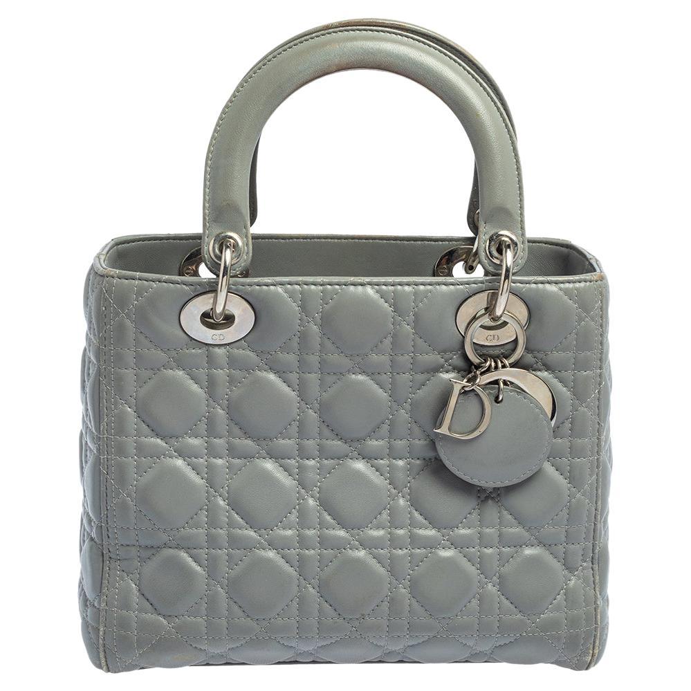 Dior Grey Quilted Leather Medium Lady Dior Tote