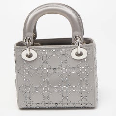 Dior Grey Rhinestone Cannage Satin Mini Lady Dior Tote