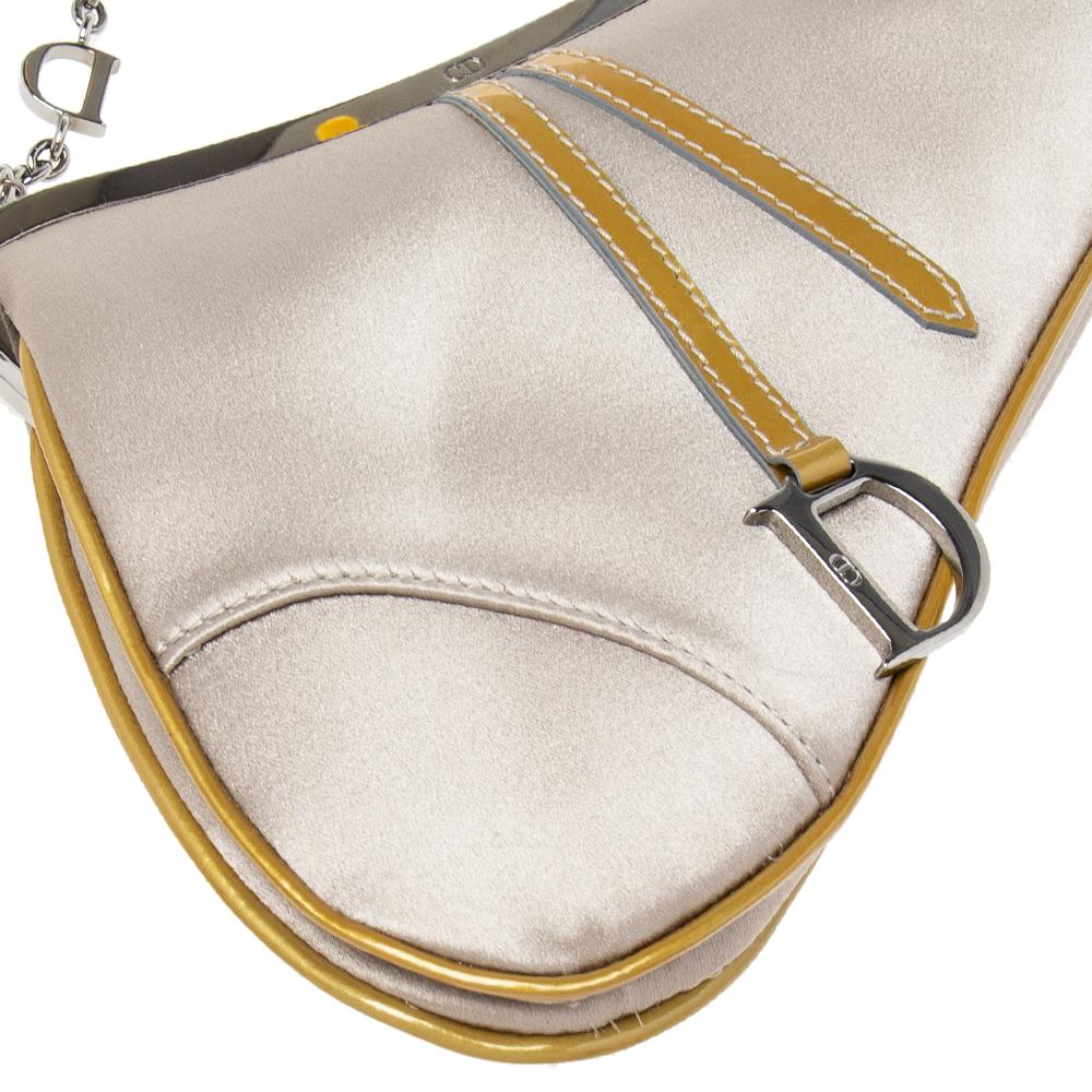 Beige Dior Grey Satin And Patent Leather Trim Saddle Bag