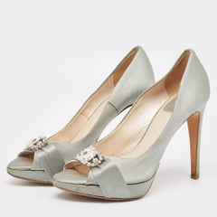 Dior Grey Satin Crystal Embellished Peep Toe Pumps Size 37