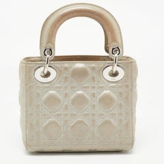 Dior Grey Shimmering Leather Mini Chain Lady Dior Tote