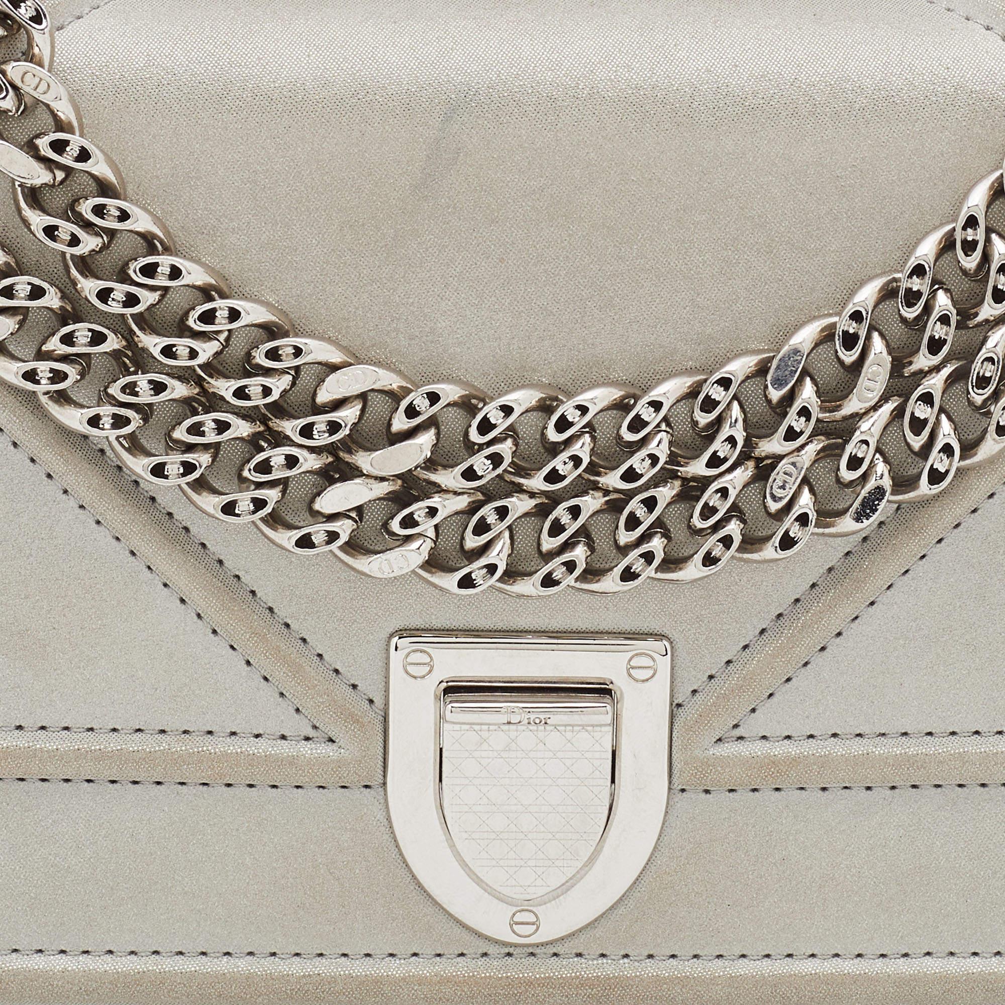 Dior Grey Shimmering Leather Mini Diorama Crossbody Bag For Sale 5
