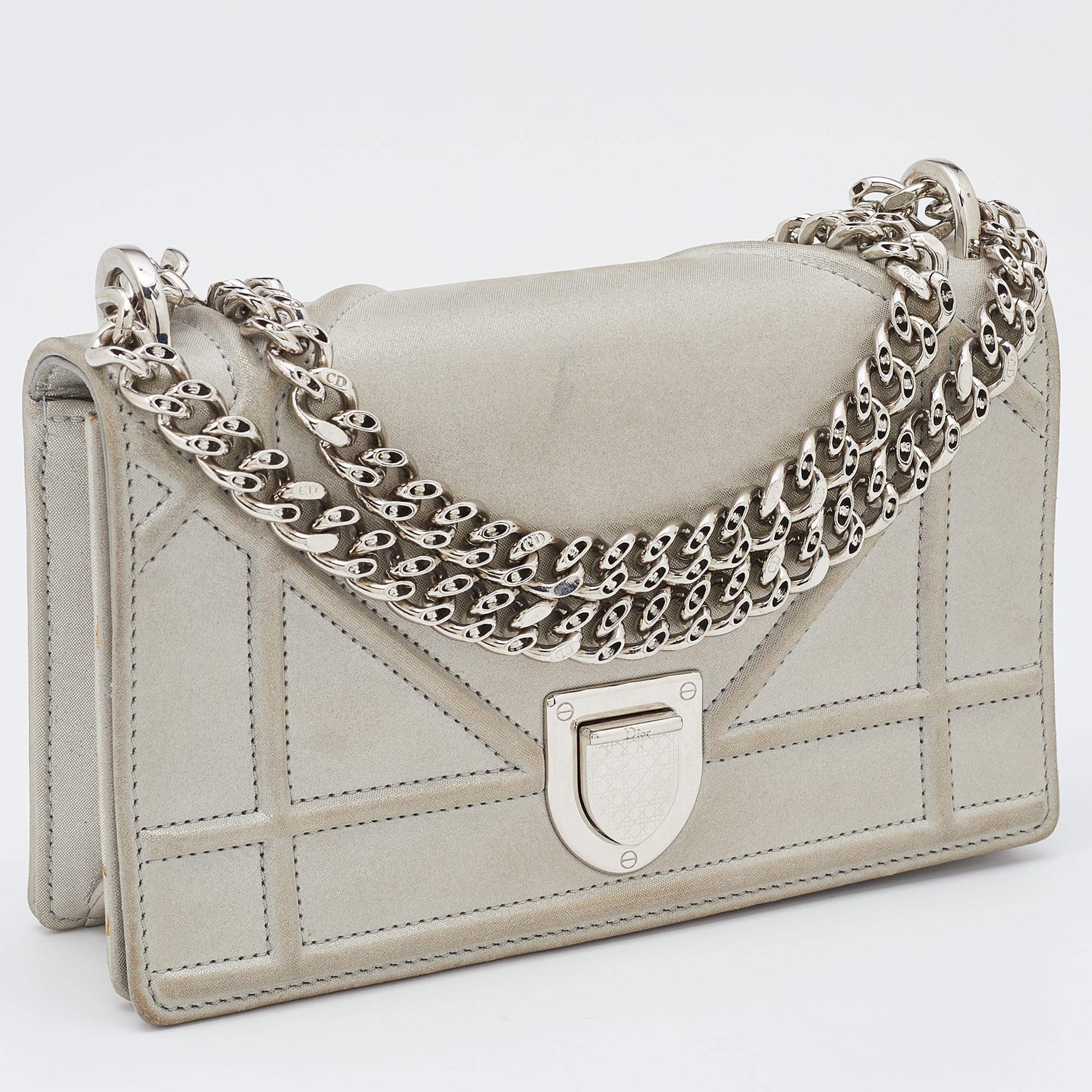 Dior Grey Shimmering Leather Mini Diorama Crossbody Bag In Fair Condition For Sale In Dubai, Al Qouz 2