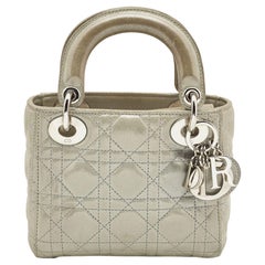 Used Dior Grey Shimmering Leather Mini Lady Dior Tote