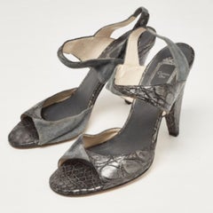 Dior Grau/Silber Krokoprägung und Wildleder Slingback Sandalen Größe 39.5
