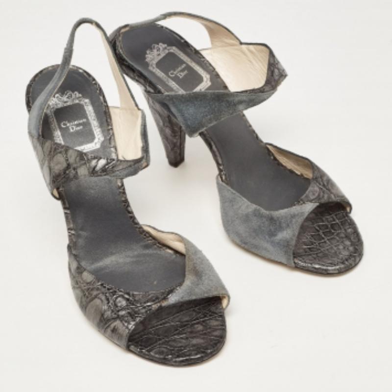 Donna Dior Grigio/Argento Sandali Slingback in pelle scamosciata e goffrata Taglia 39,5 in vendita