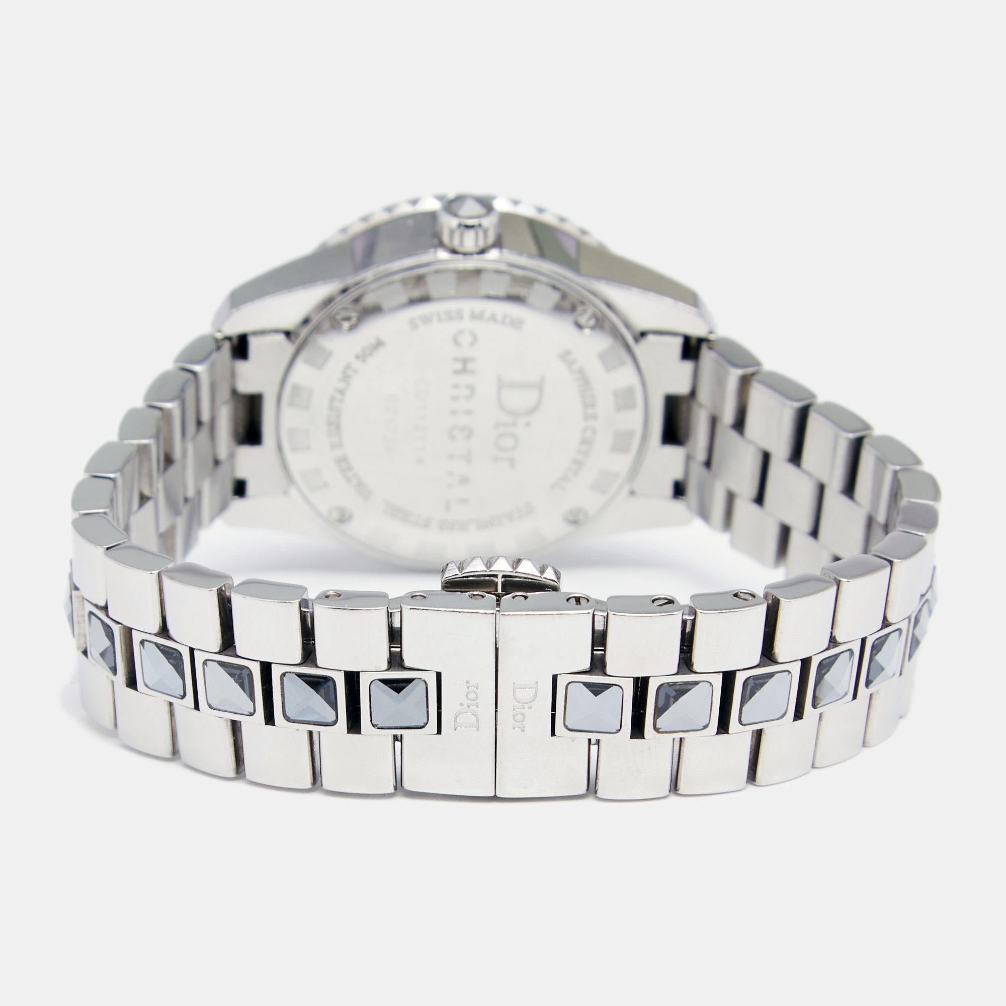 Here's a timepiece that will not only assist you with the correct time but also elevate your style quotient. This Dior watch is from their Christal collection, and it is Swiss-made. It has a stylish stainless steel case of diameter 28 mm with a
