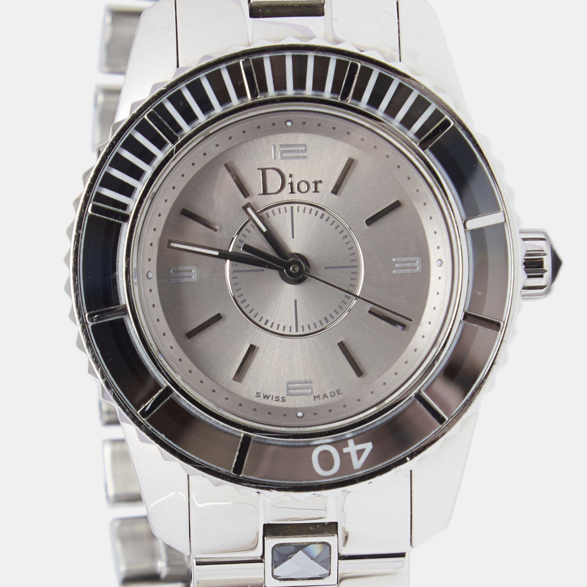 Dior Grey Stainless Steel Christal CD112114 Women's Wristwatch 28 mm In Good Condition In Dubai, Al Qouz 2