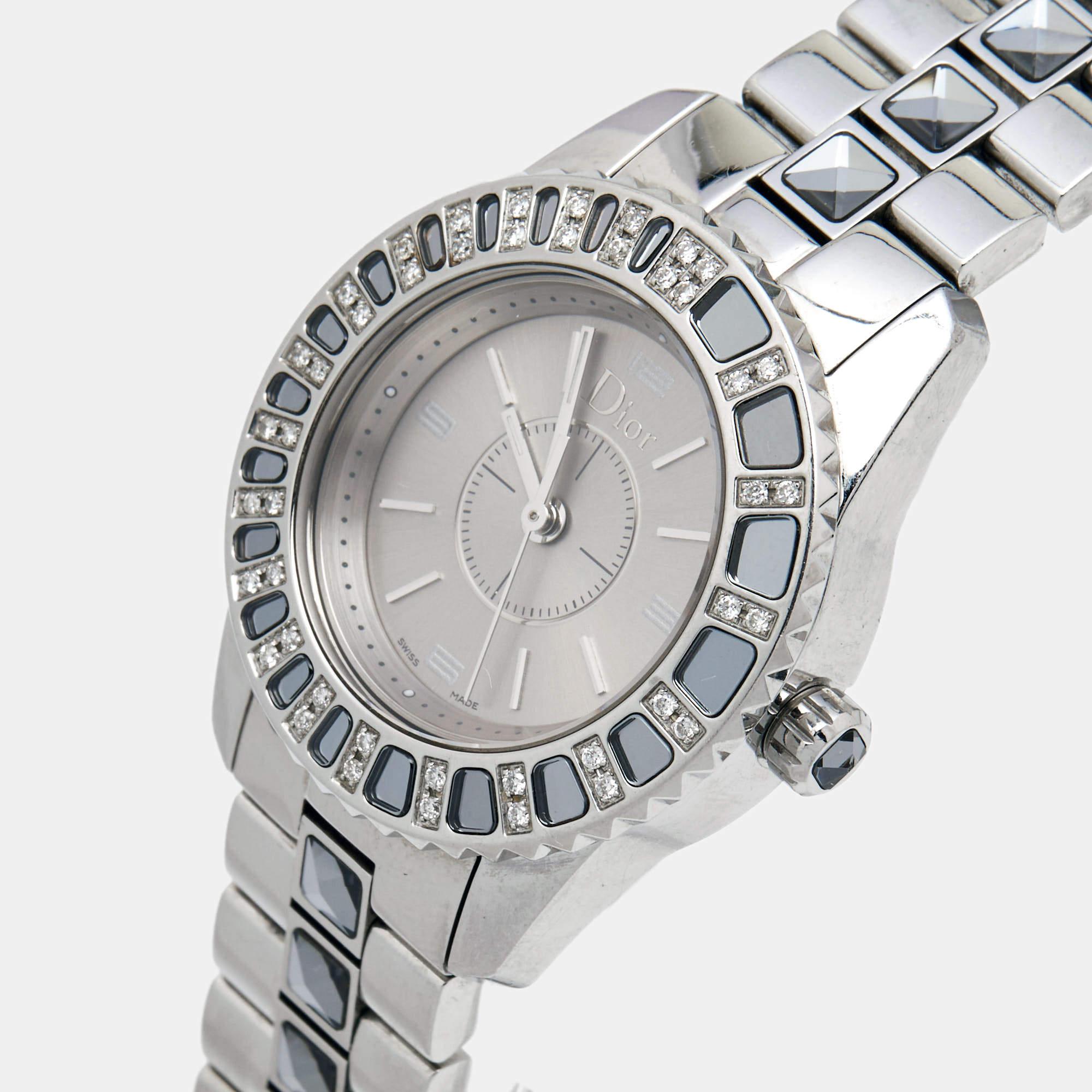 Dior Grey Stainless Steel Christal CD112115M001 Women's Wristwatch 29 mm In Good Condition In Dubai, Al Qouz 2