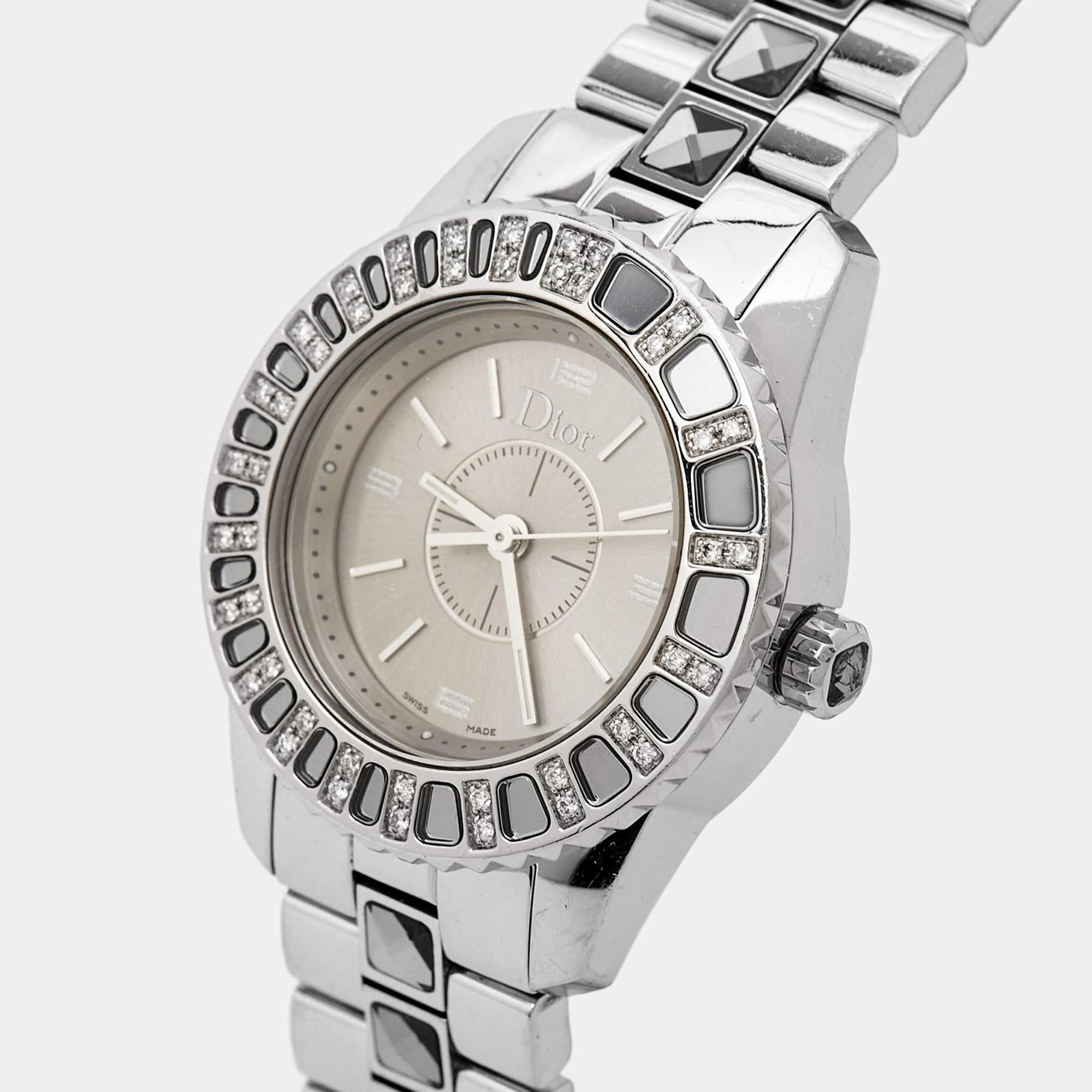 Contemporary Dior Grey Stainless Steel Diamond Christal  Women's Wristwatch 28 mm For Sale
