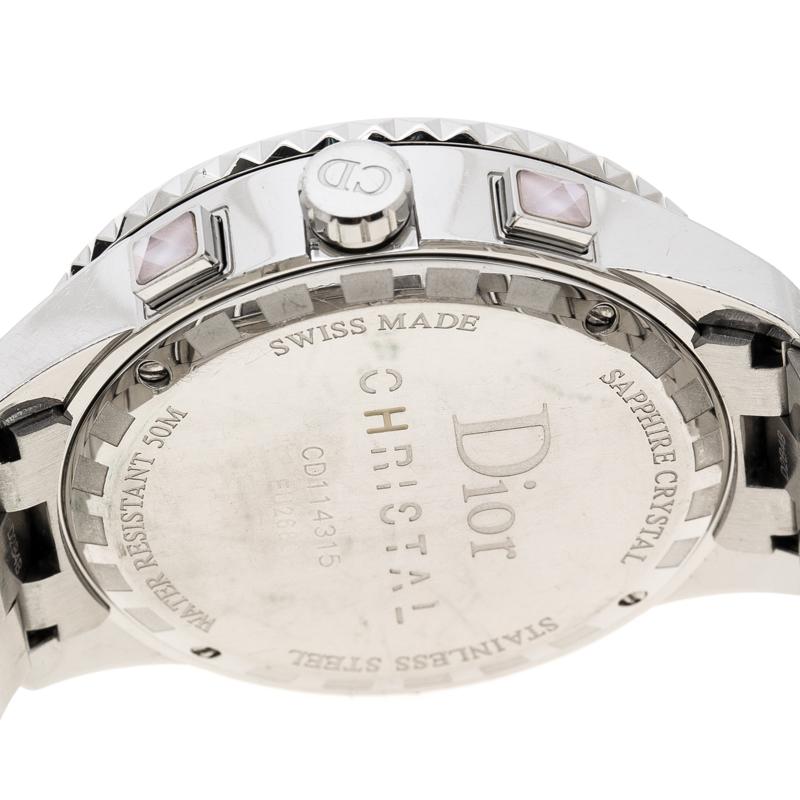 Dior Grey Stainless Steel Diamond Studded Pink Sapphire Stainless Steel Christal In Good Condition In Dubai, Al Qouz 2