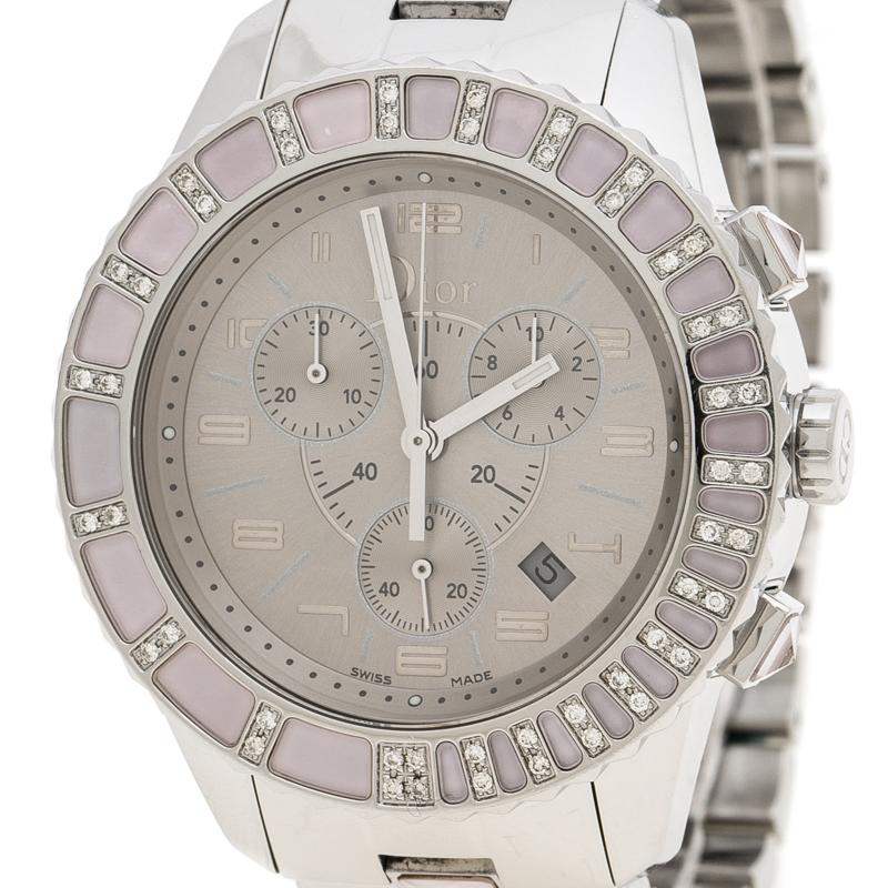 Women's Dior Grey Stainless Steel Diamond Studded Pink Sapphire Stainless Steel Christal