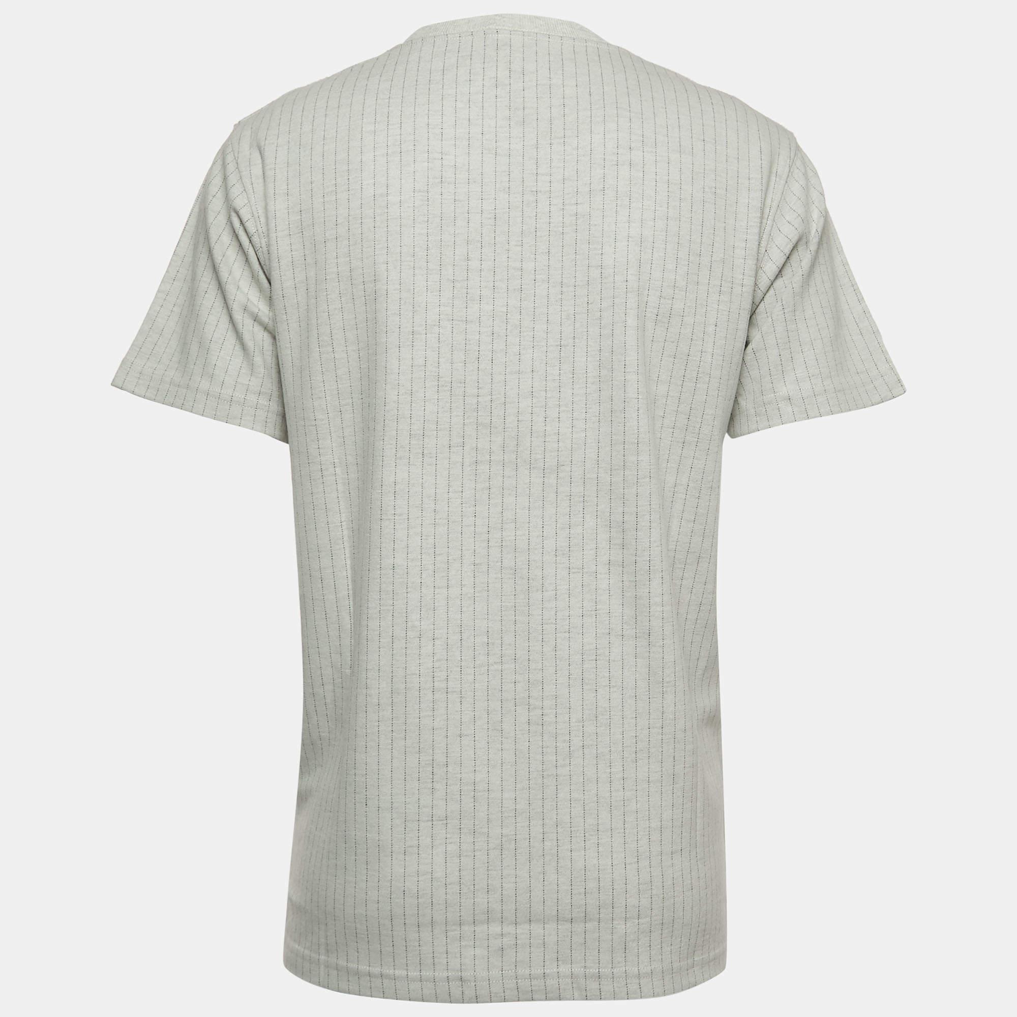 Men's Dior Grey Striped Embroidered Wool Crew Neck T-Shirt L