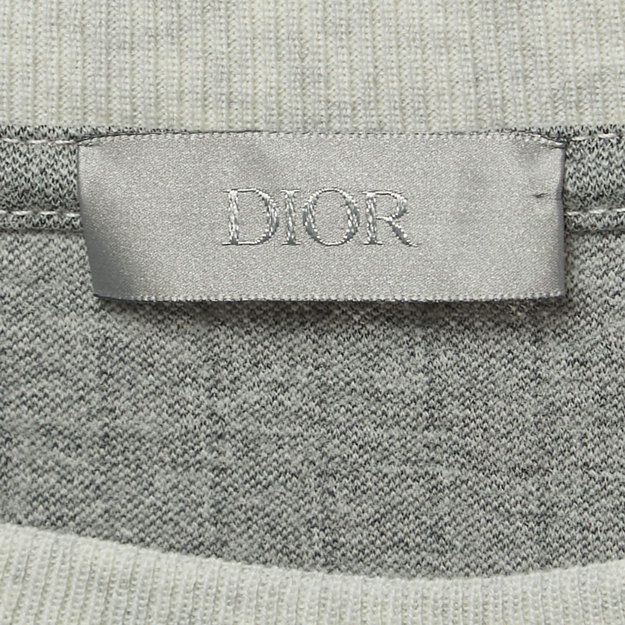 Dior Grey Striped Embroidered Wool Crew Neck T-Shirt M For Sale 2