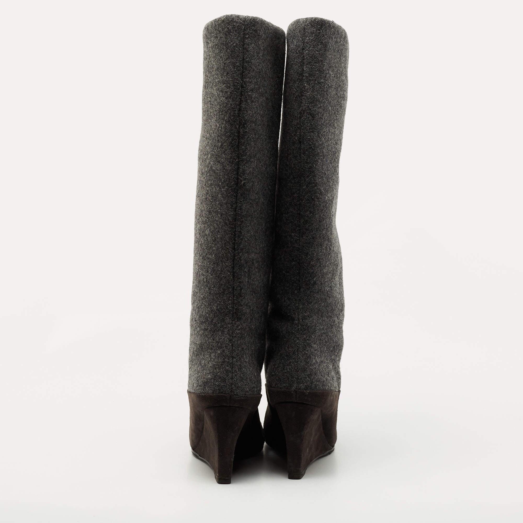 Dior Grey Suede and Wool Wedge Knee Length Boots Size 40.5 For Sale 3