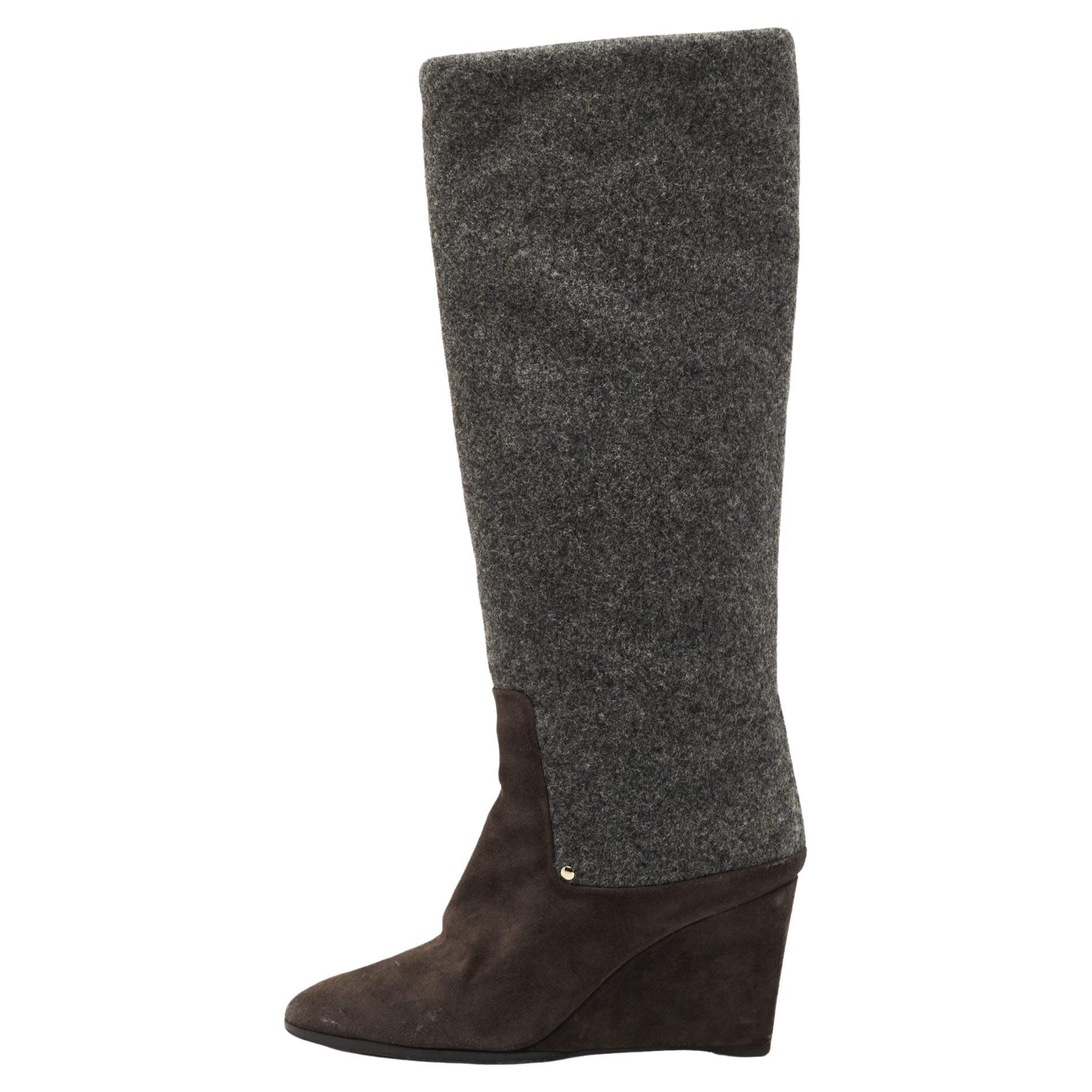 Dior Grey Suede and Wool Wedge Knee Length Boots Size 40.5 For Sale