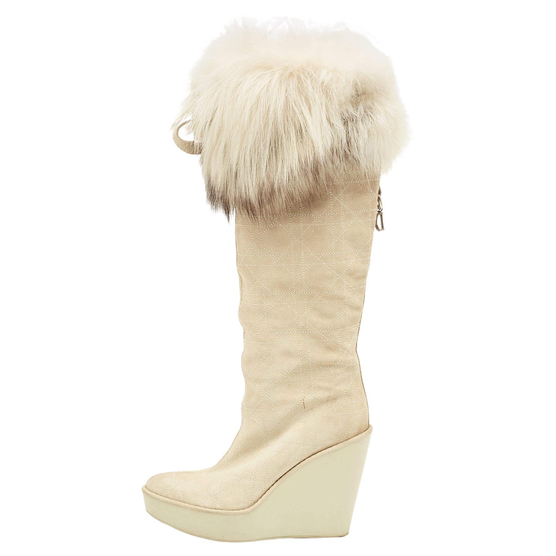 Dior Grey Suede Cannage Suede and Fox Fur Trim Knee High Wedge Boots Size 35.5 For Sale