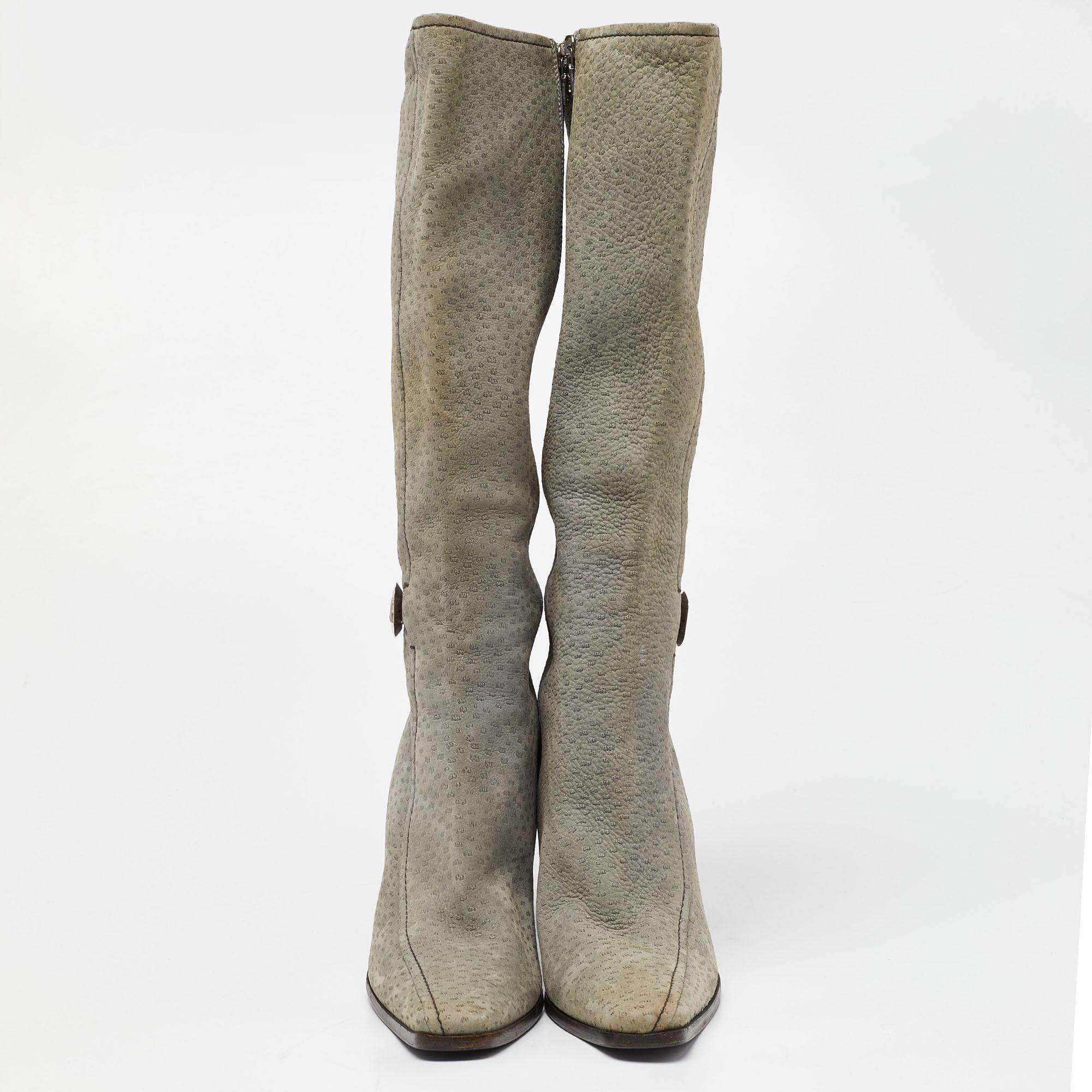 Gray Dior Grey Textured Nubuck Leather Knee Length Boots Size 40 For Sale