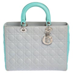 Dior Grey/Turquoise Cannage Leather Large Lady Dior Tote
