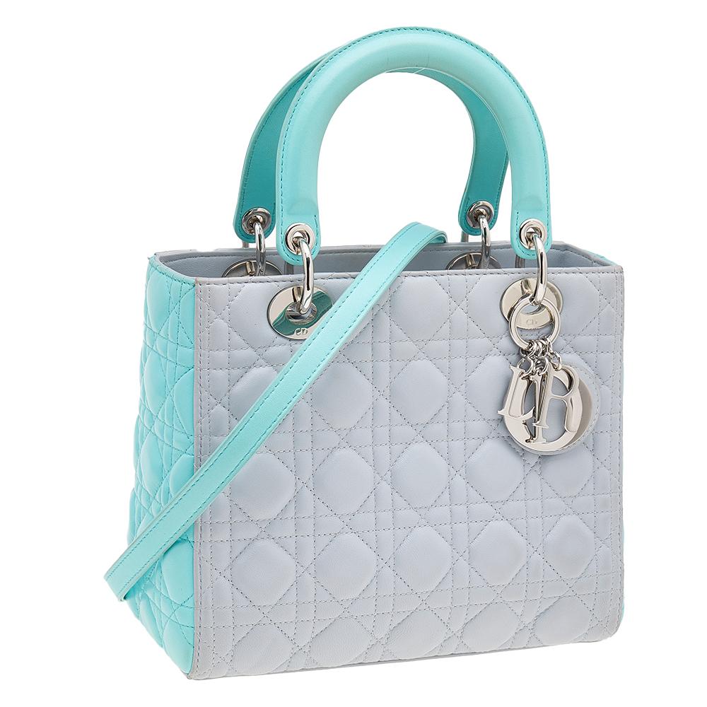 Gray Dior Grey/Turquoise Cannage Leather Medium Lady Dior Tote