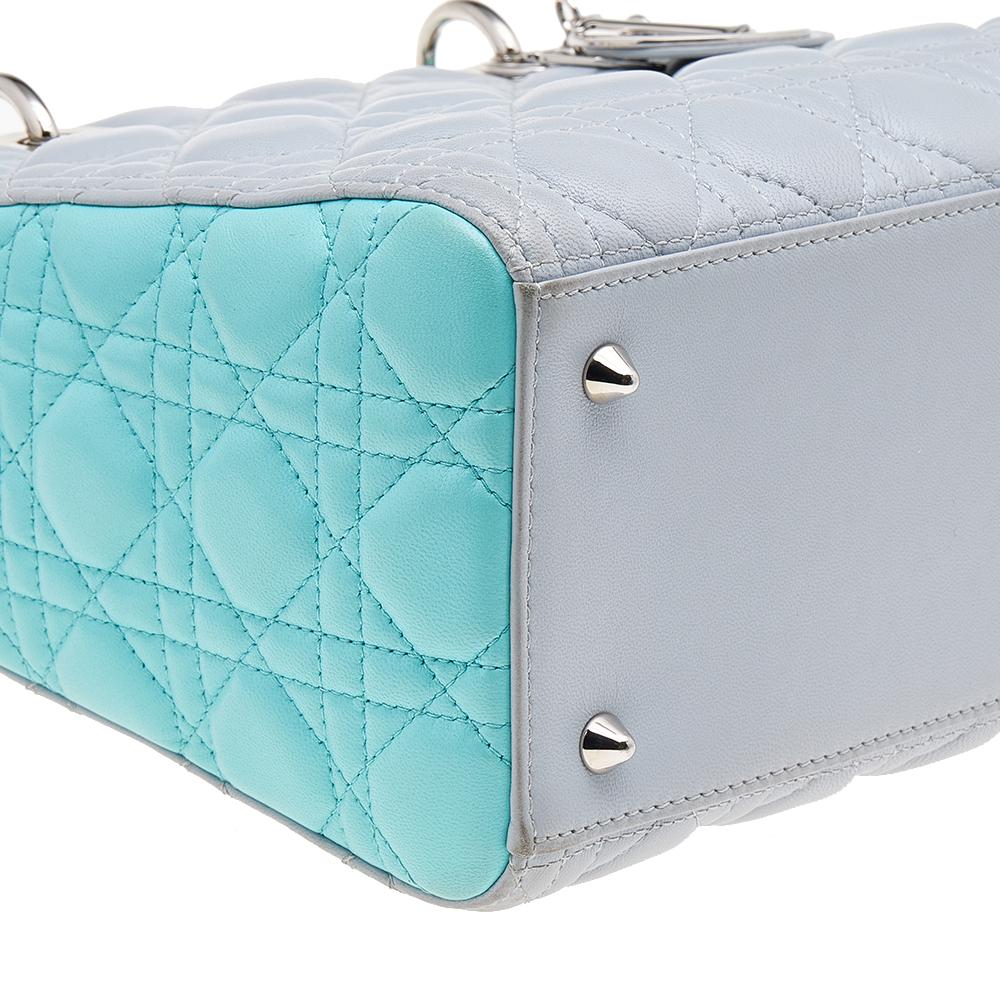 Women's Dior Grey/Turquoise Cannage Leather Medium Lady Dior Tote