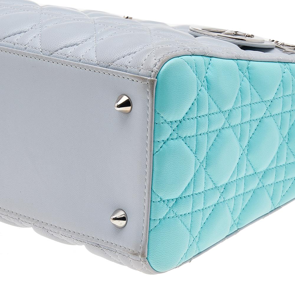Dior Grey/Turquoise Cannage Leather Medium Lady Dior Tote 2