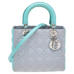Dior Grey/Turquoise Cannage Leather Medium Lady Dior Tote