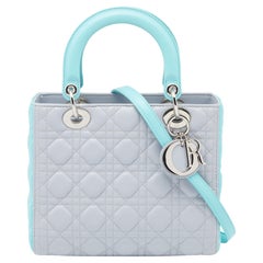 Dior Grey/Turquoise Cannage Leather Medium Lady Dior Tote