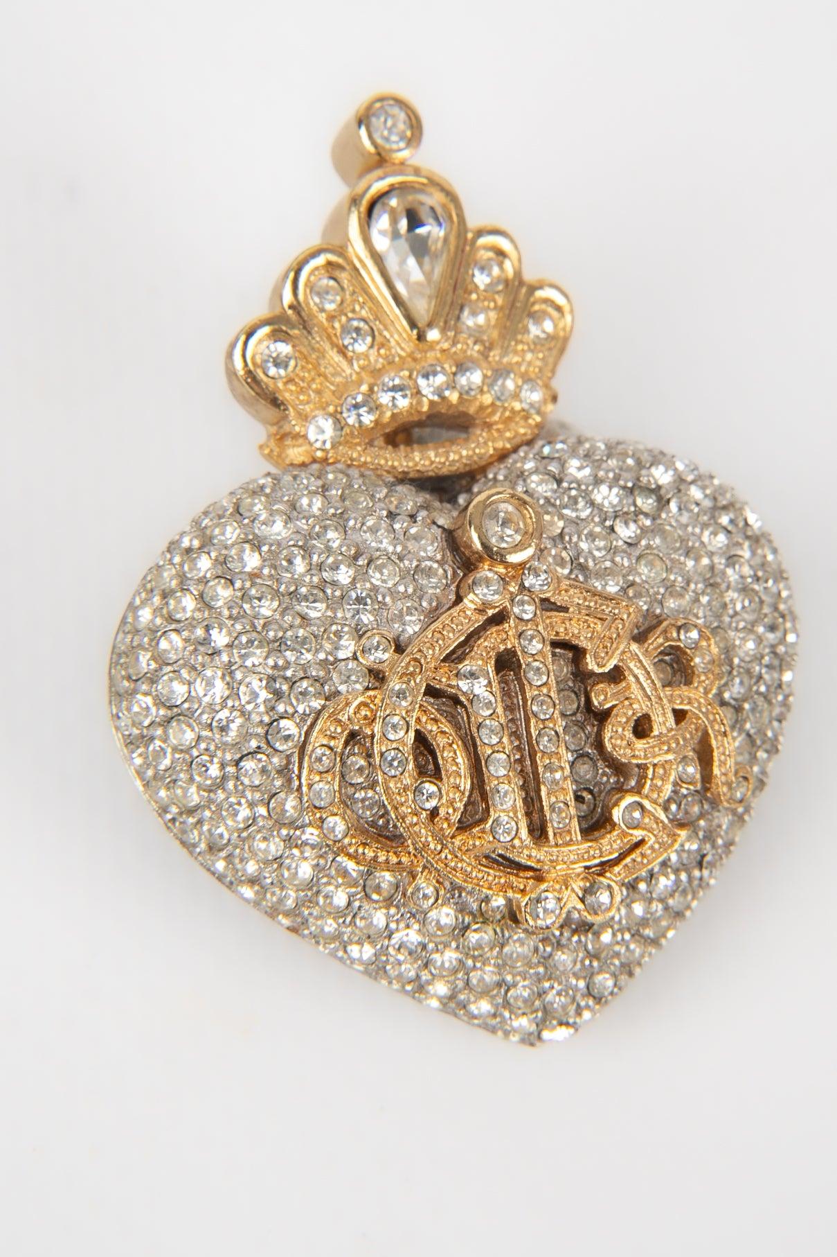 Women's Dior Heart Brooch with Crown and Ornamented with Rhinestones For Sale