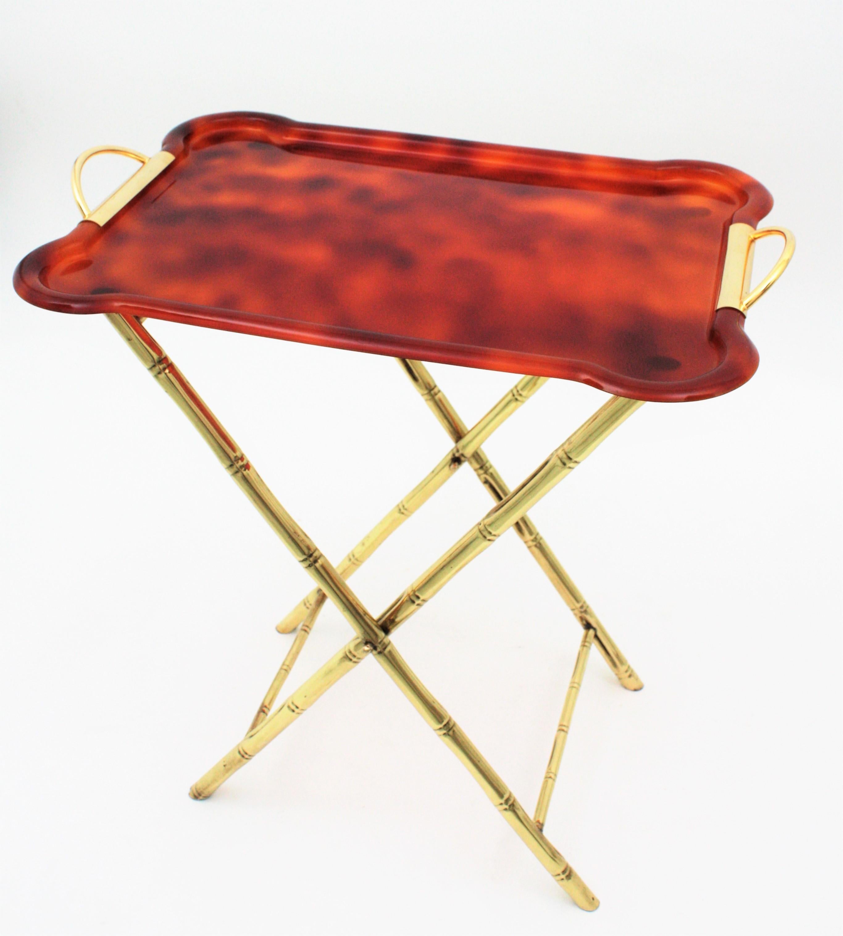 Mid-Century Modern Dior Home Style Folding Tray Table, Faux Bamboo Brass and Tortoiseshell Lucite