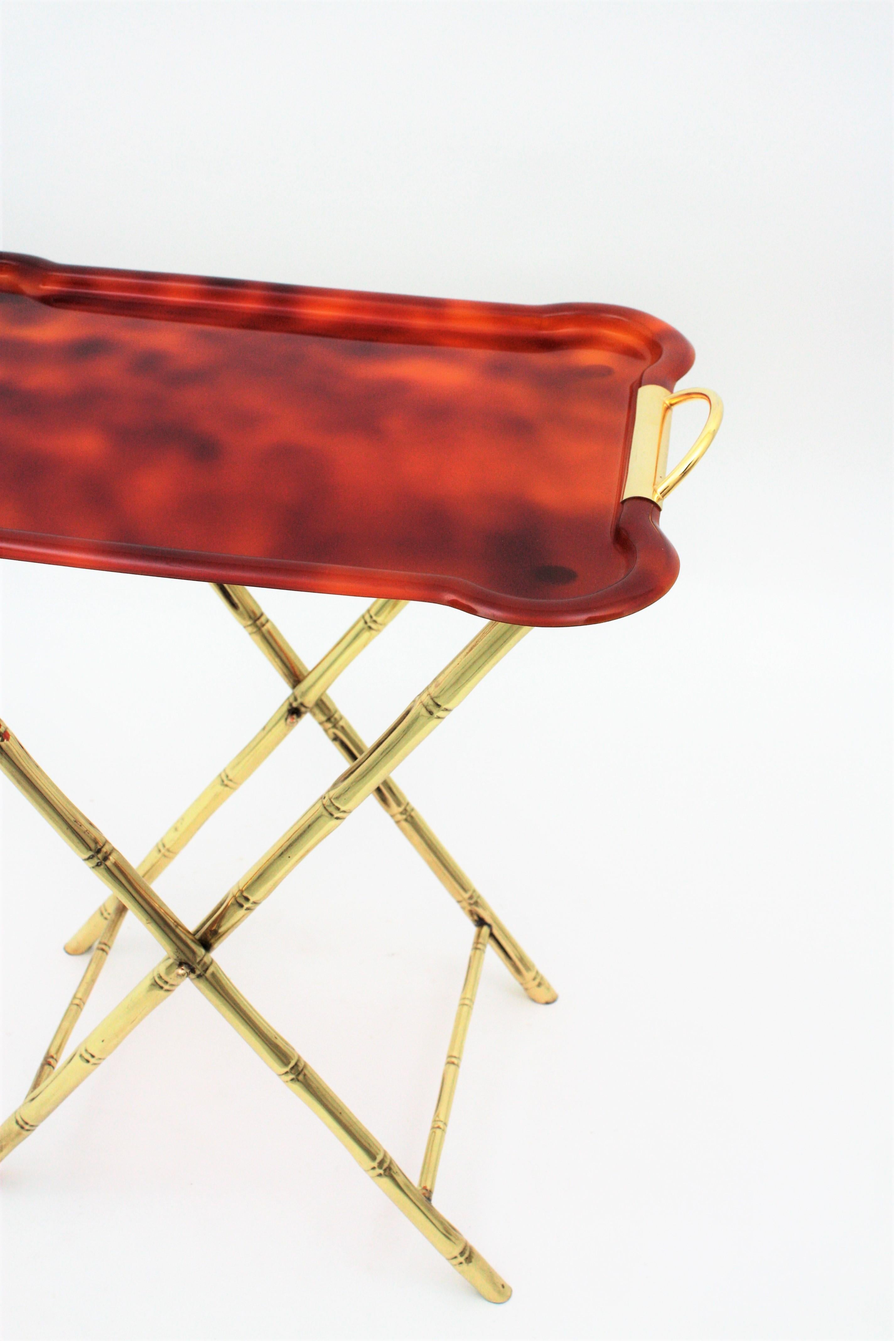 20th Century Dior Home Style Folding Tray Table, Faux Bamboo Brass and Tortoiseshell Lucite