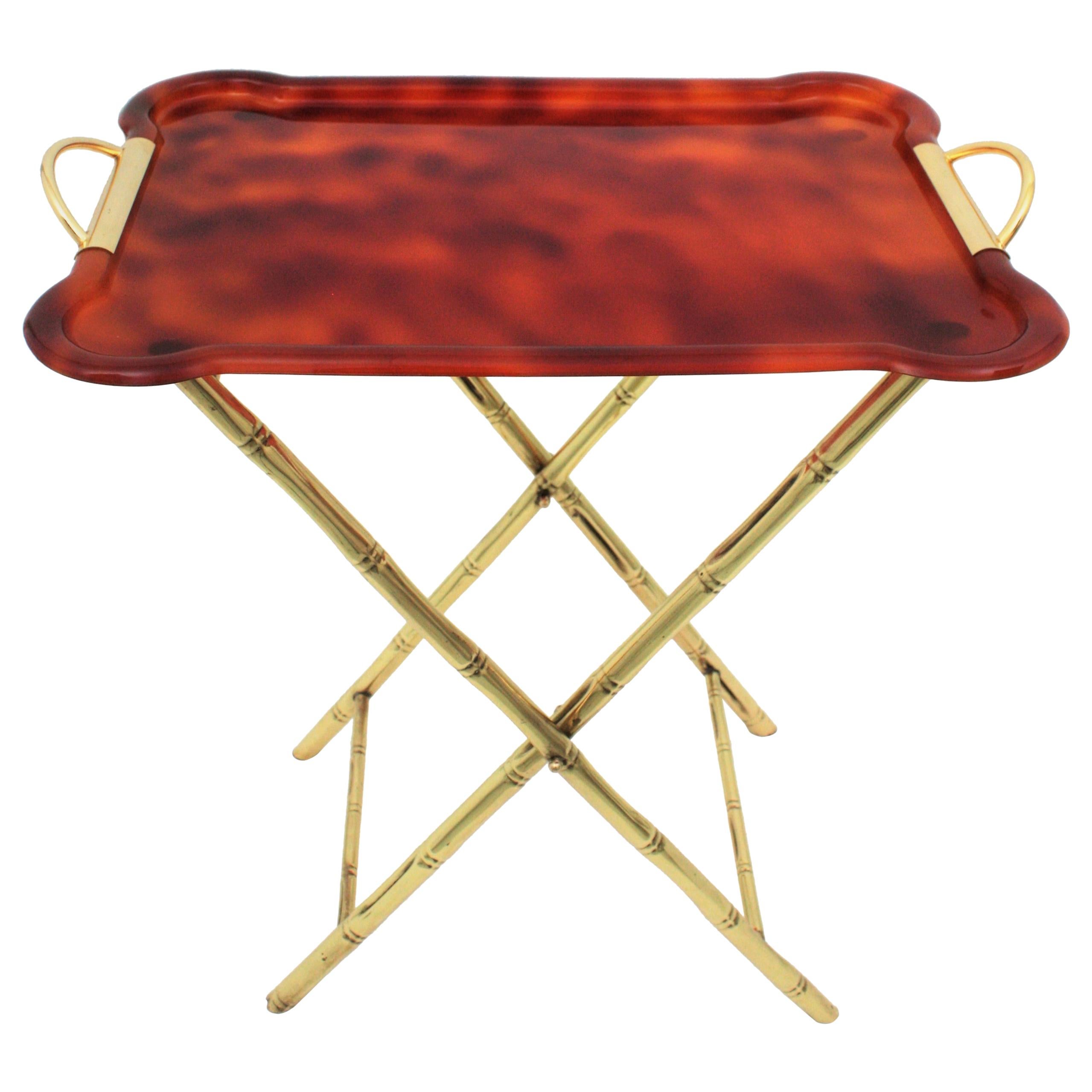 Dior Home Style Folding Tray Table, Faux Bamboo Brass and Tortoiseshell Lucite