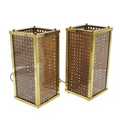 Dior Home Style Pair of Brass, Glass and Vienna Woven Cane Table Lamps, 1970s