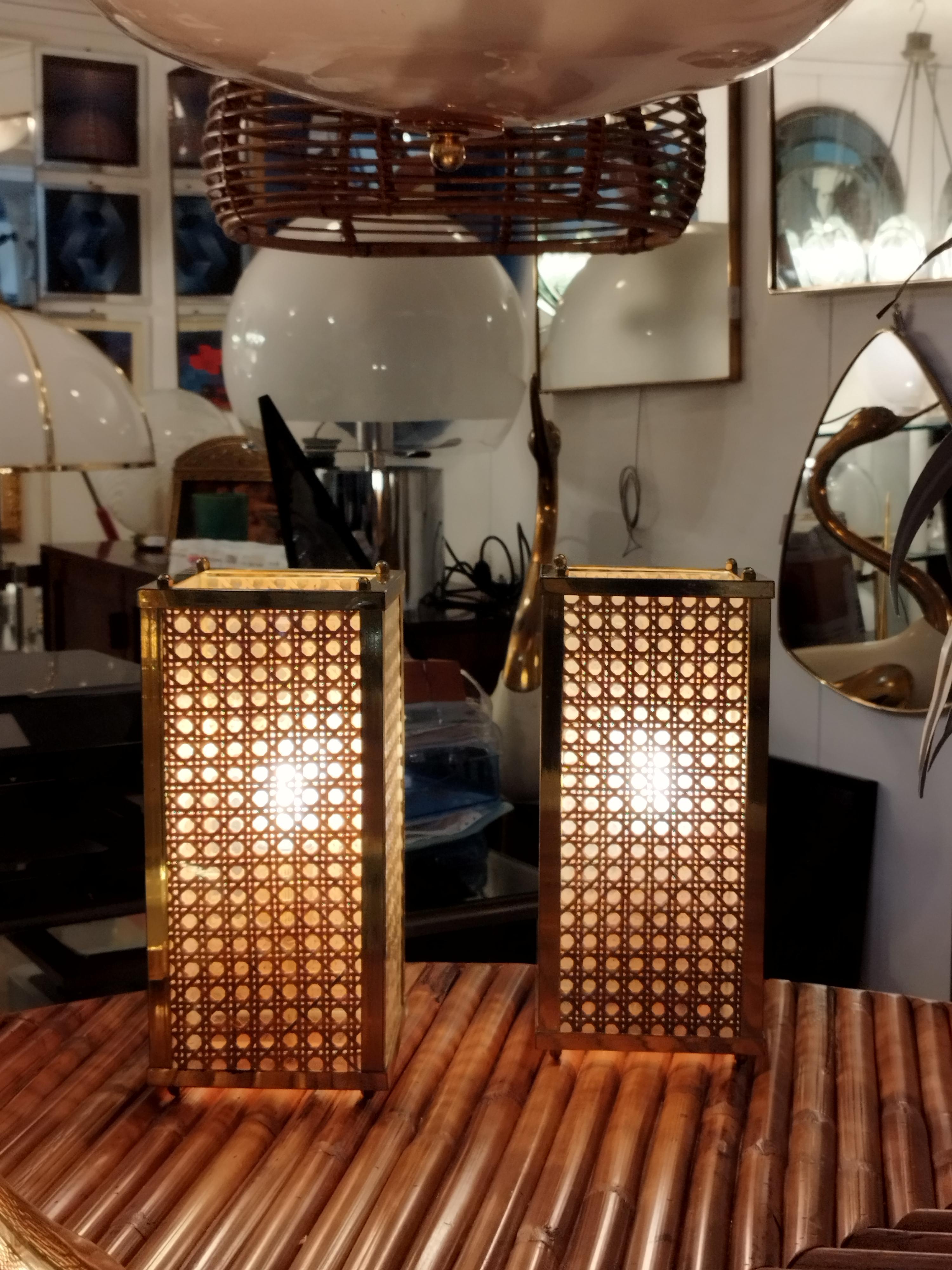 Dior Home Style Pair of Brass, Lucite and Vienna Woven Cane Table Lamps, 1970s For Sale 1