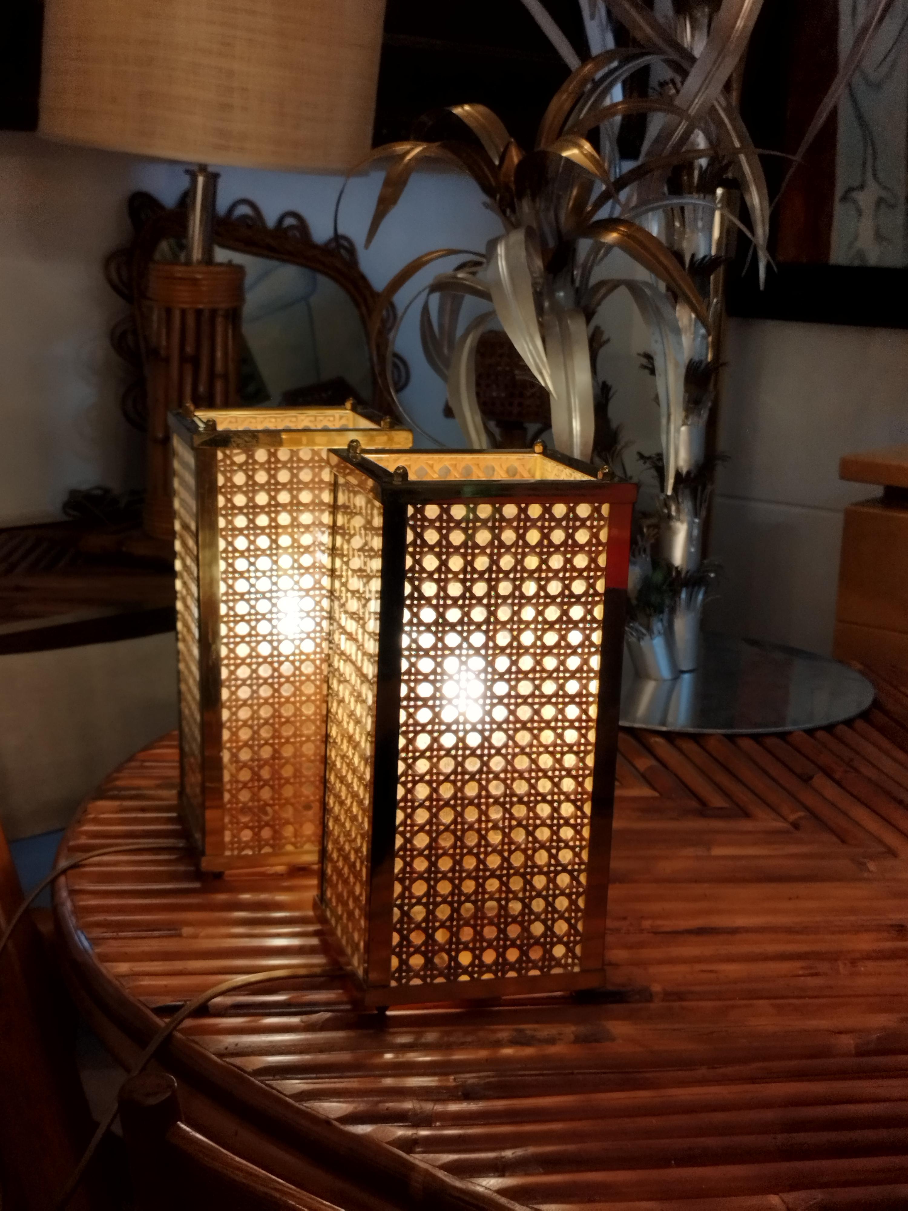 Dior Home Style Pair of Brass, Lucite and Vienna Woven Cane Table Lamps, 1970s For Sale 2