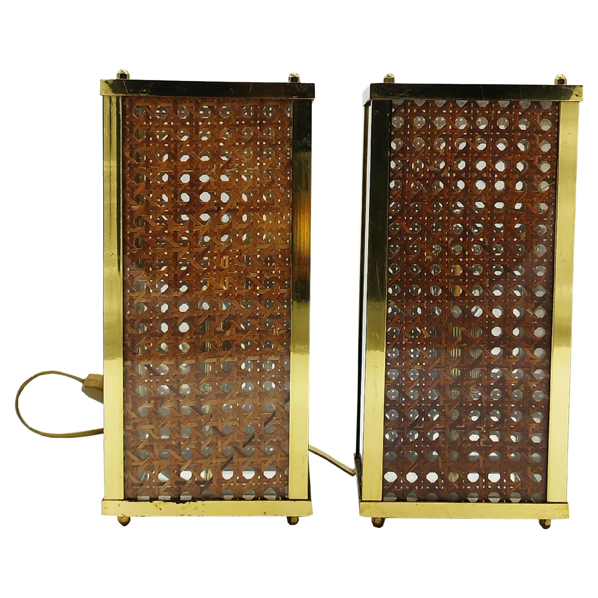 Dior Home Style Pair of Brass, Lucite and Vienna Woven Cane Table Lamps, 1970s For Sale