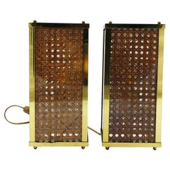 Dior Home Style Pair of Brass, Lucite and Vienna Woven Cane Table Lamps, 1970s