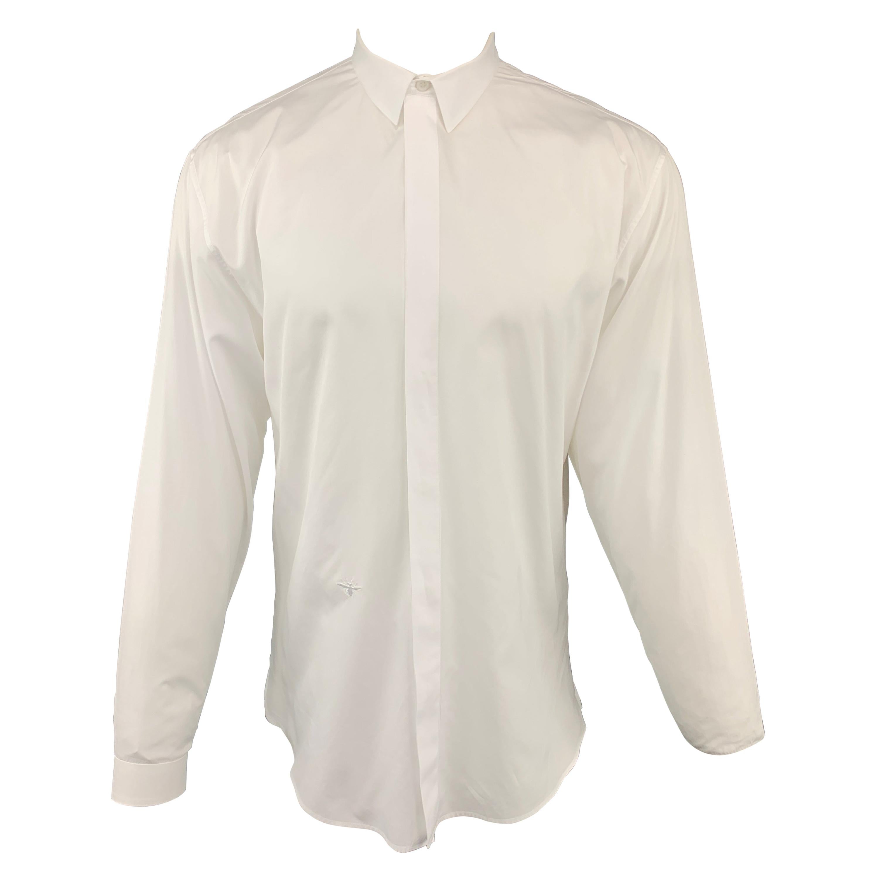 DIOR HOMME Bee Size L White Cotton Hidden Buttons Long Sleeve Shirt
