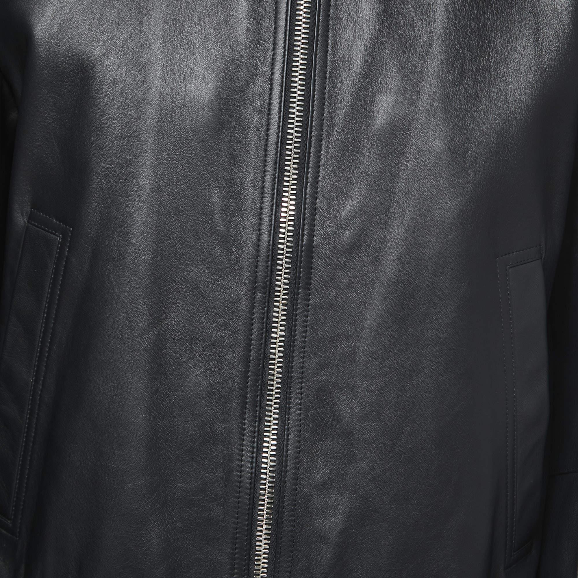Dior Homme Black Leather Zip Front Bomber Jacket XL In Excellent Condition In Dubai, Al Qouz 2