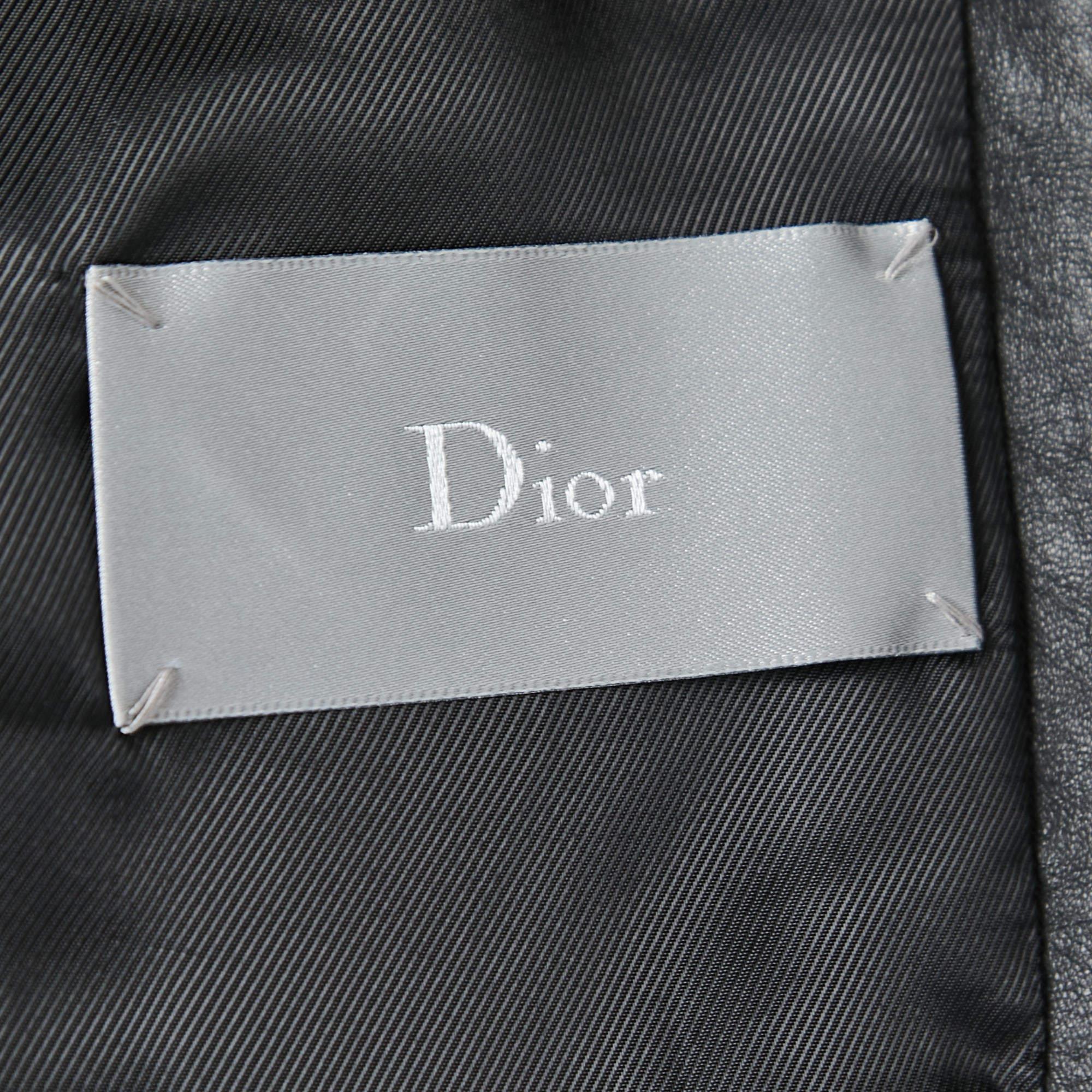 Dior Homme Black Leather Zip Front Bomber Jacket XL 1