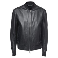 Used Dior Homme Black Leather Zip Front Bomber Jacket XL