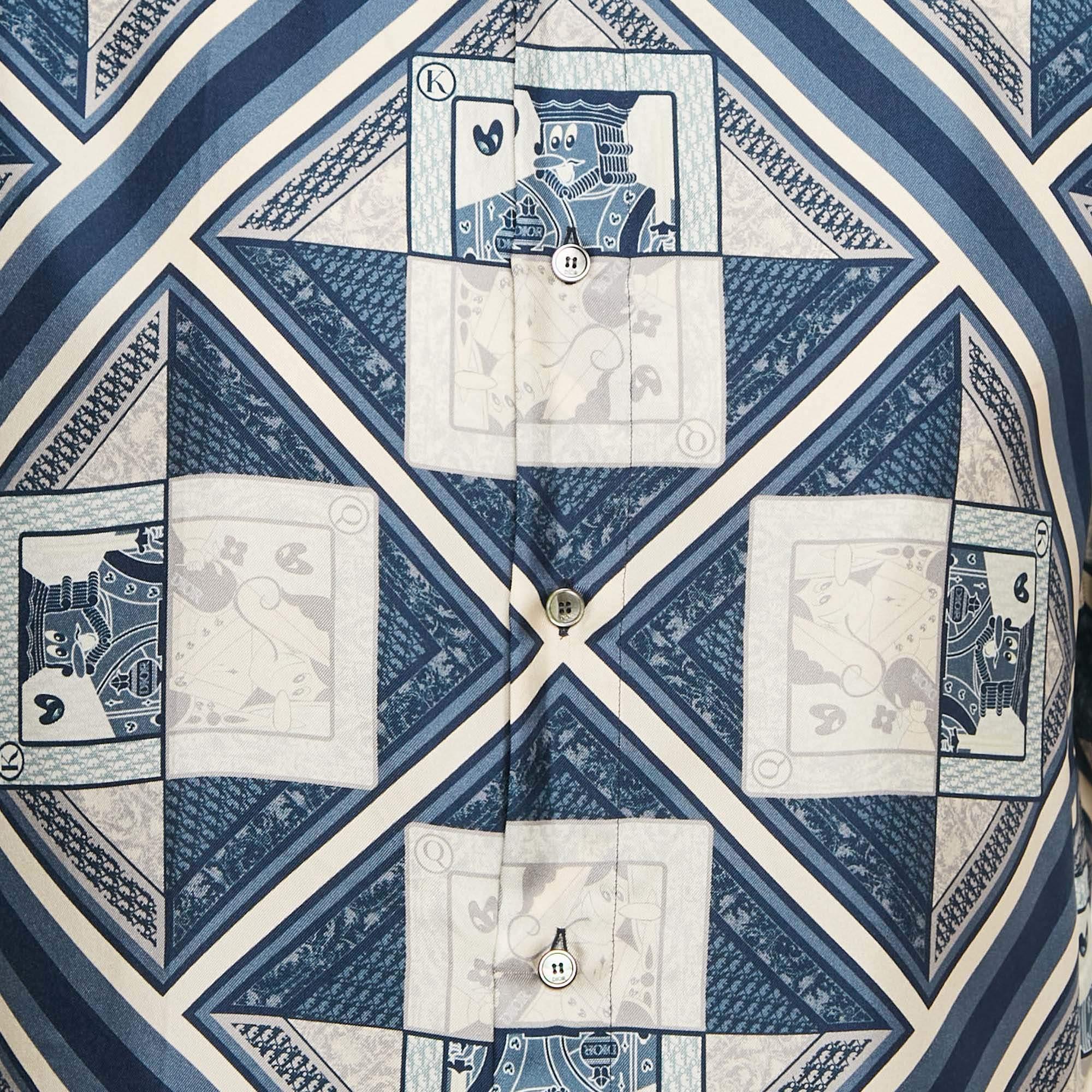 Gray Dior Homme Blue Printed Silk Short Sleeve Shirt M