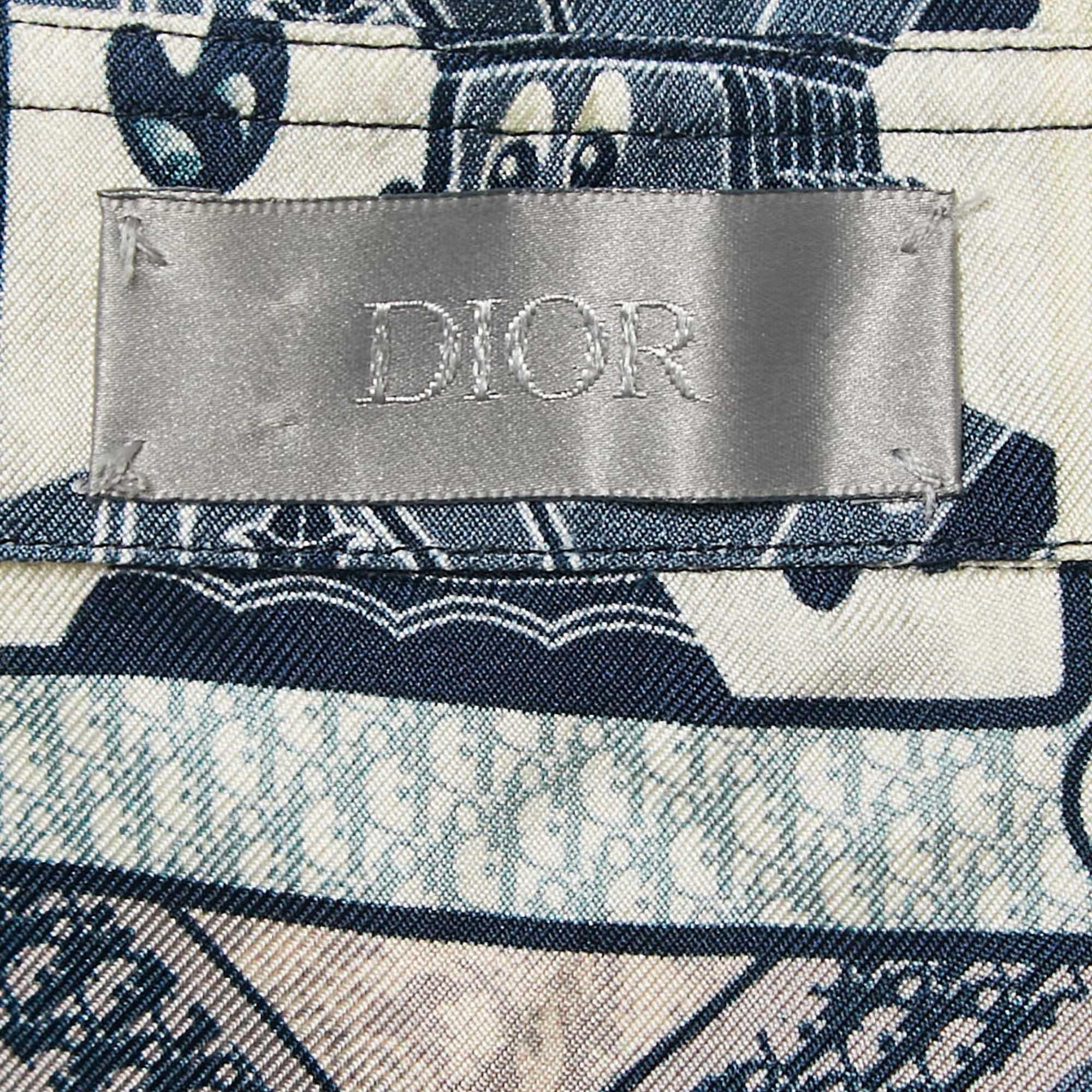 Dior Homme Blue Printed Silk Short Sleeve Shirt M In Good Condition In Dubai, Al Qouz 2