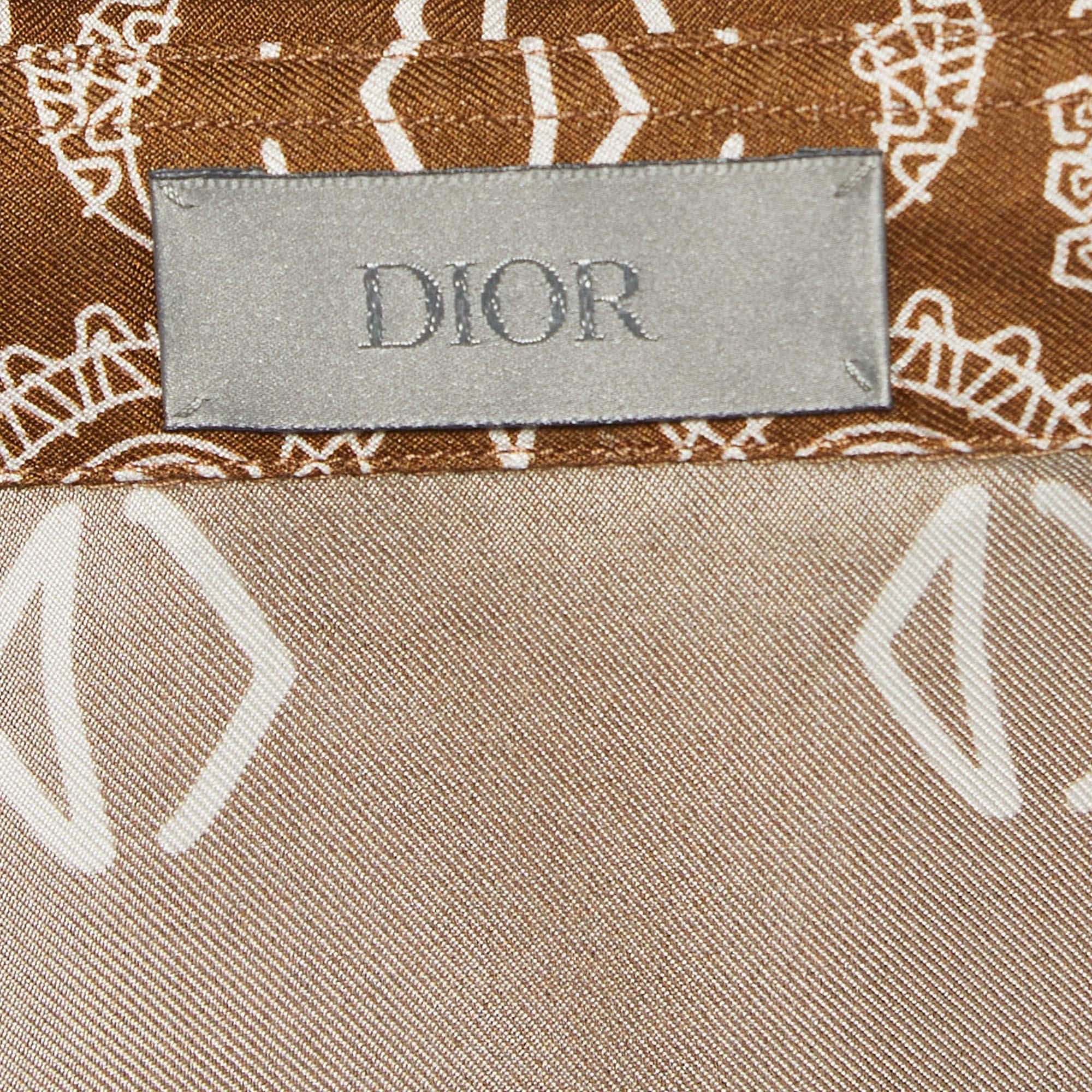 Men's Dior Homme Brown Bandana Motif Print Silk Buttoned Half Sleeve Shirt M For Sale